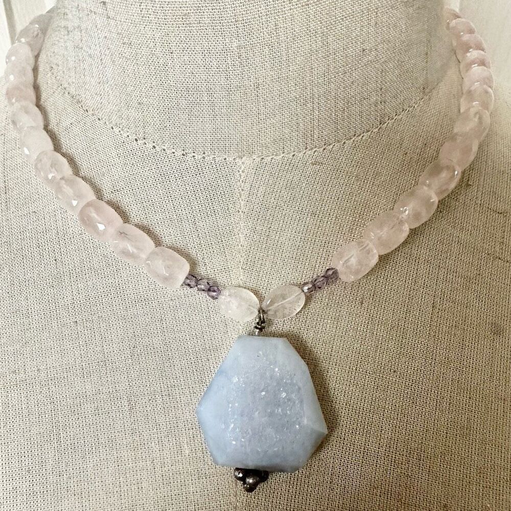 Rose Quartz blue lace agate sterling  silver pendant necklace